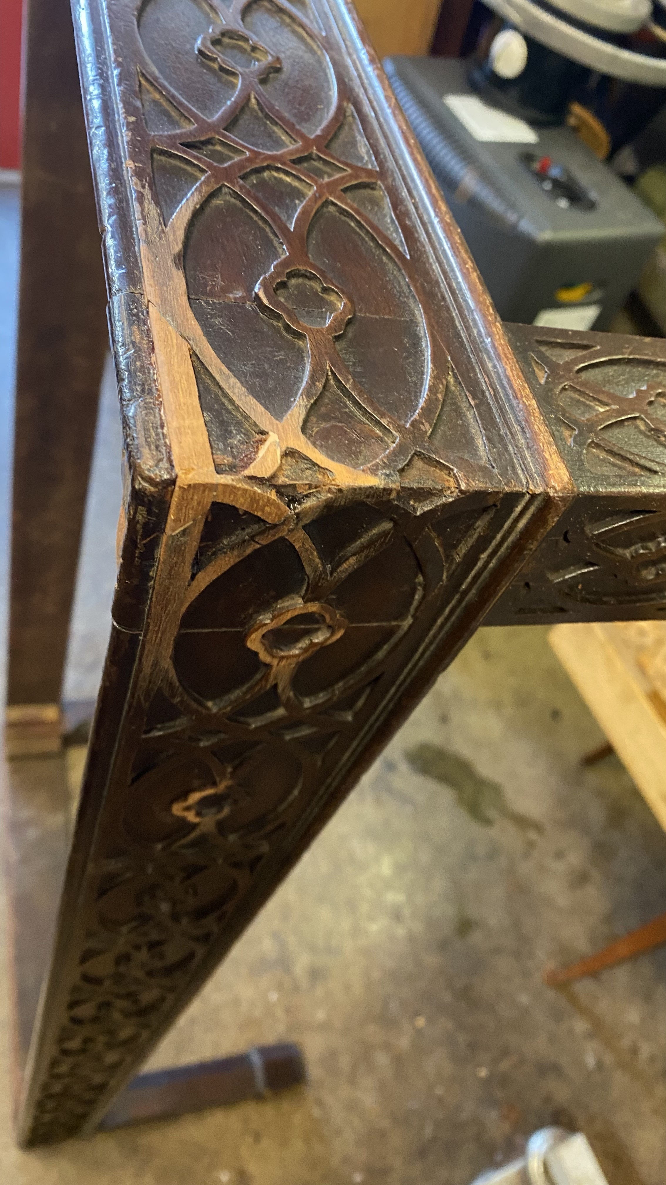 repairing damaged applied fretwork on a pair of cabinet stands