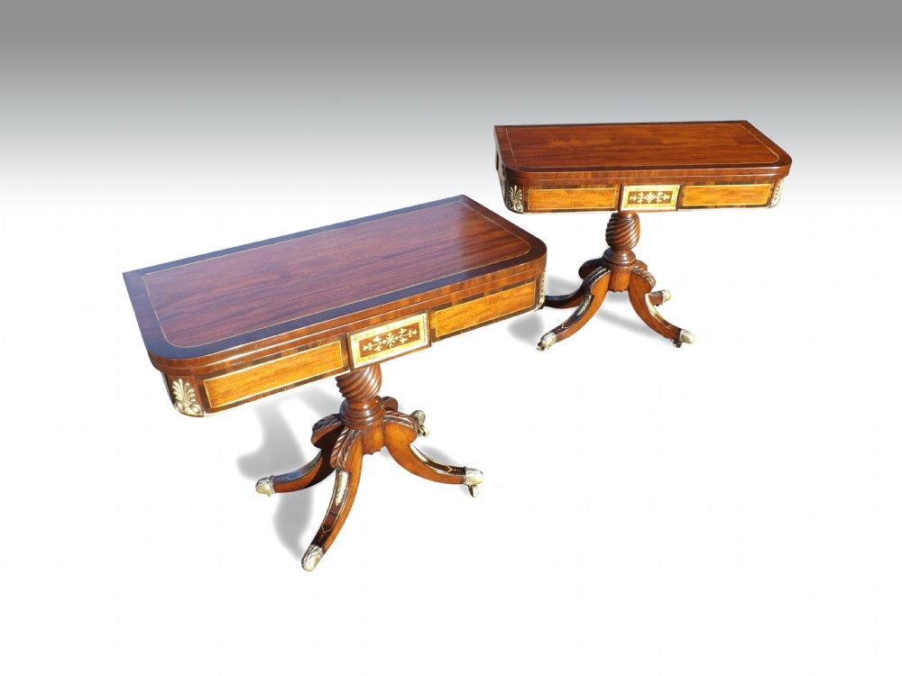 a superb pair of irish regency mahogany brass inlaid cardtea tables